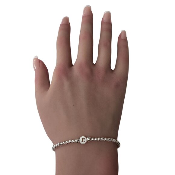 925 Sterling Silver Beaded Stretch Stacking Bracelet MOP Letter Initial E - Picture 3 of 6